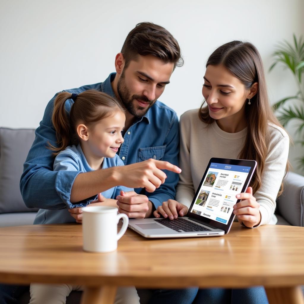 Finding the perfect resi for rent: A family looking at a rental listing online, discussing their needs and budget.