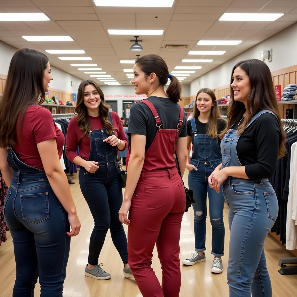 Students trying on different overall styles and sizes to find the perfect fit