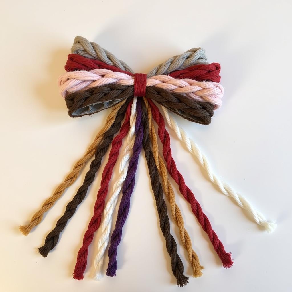 A finished bow adorned with monkey tails