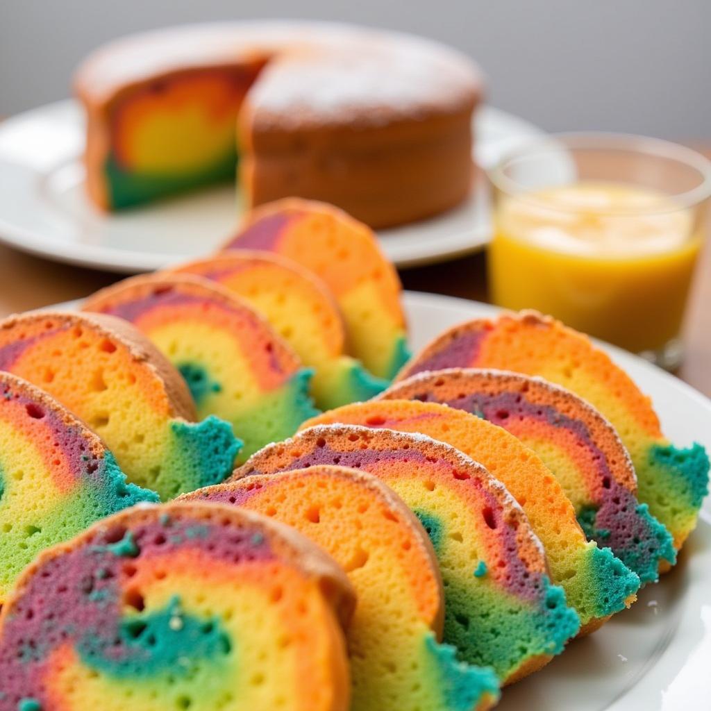 Perfectly sliced rainbow cakes on a platter