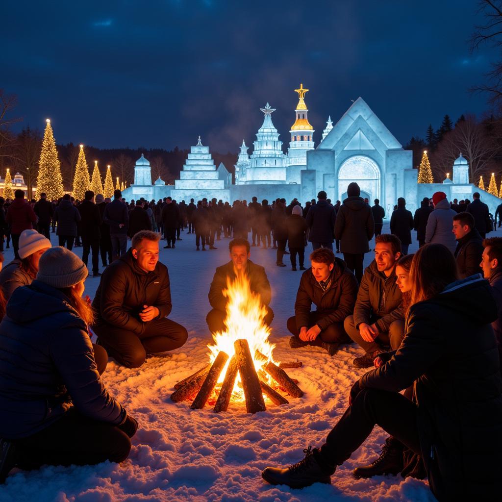 Visitors warming up by the bonfires at the Canandaigua Fire and Ice Festival