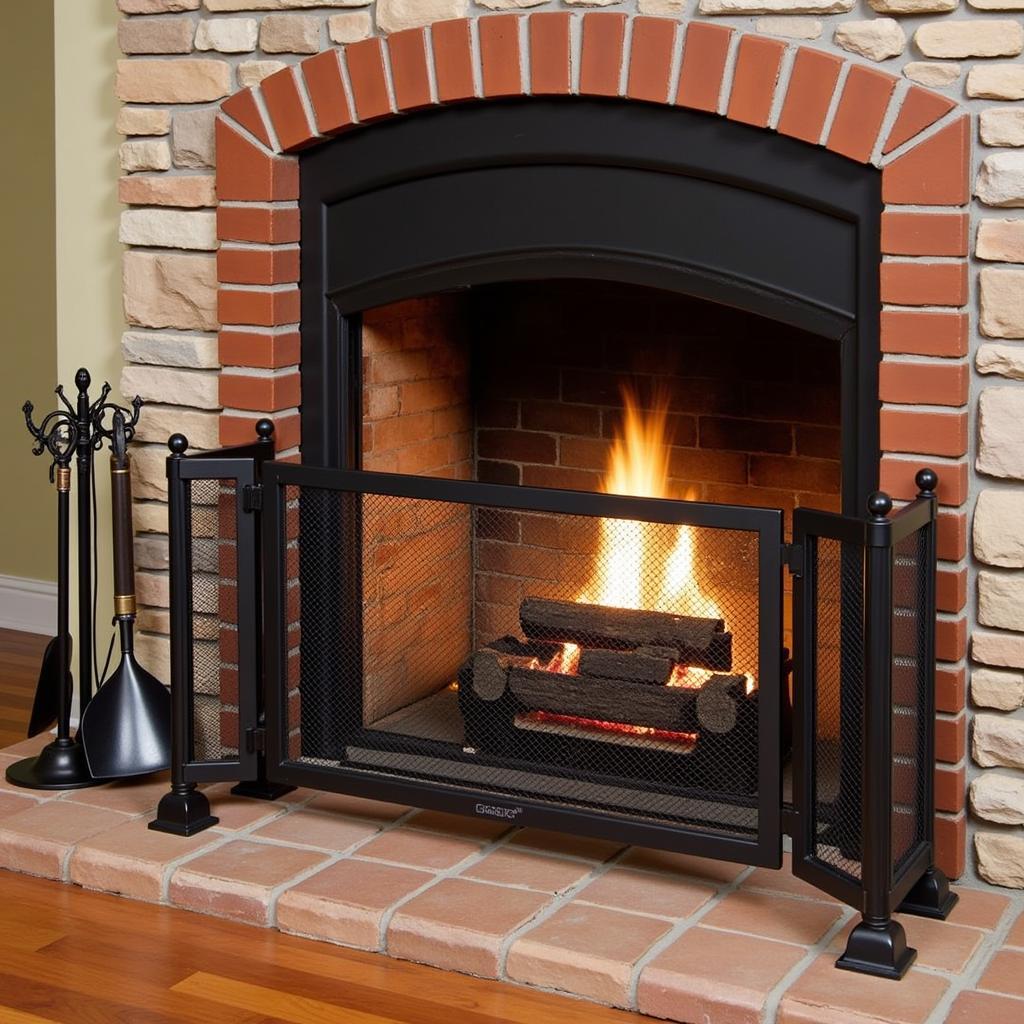 Fireplace safety precautions with screen and tools