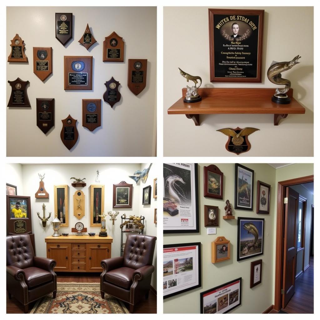 Various ways to display fishing plaques in a home setting, including wall displays, shelves, and trophy rooms.