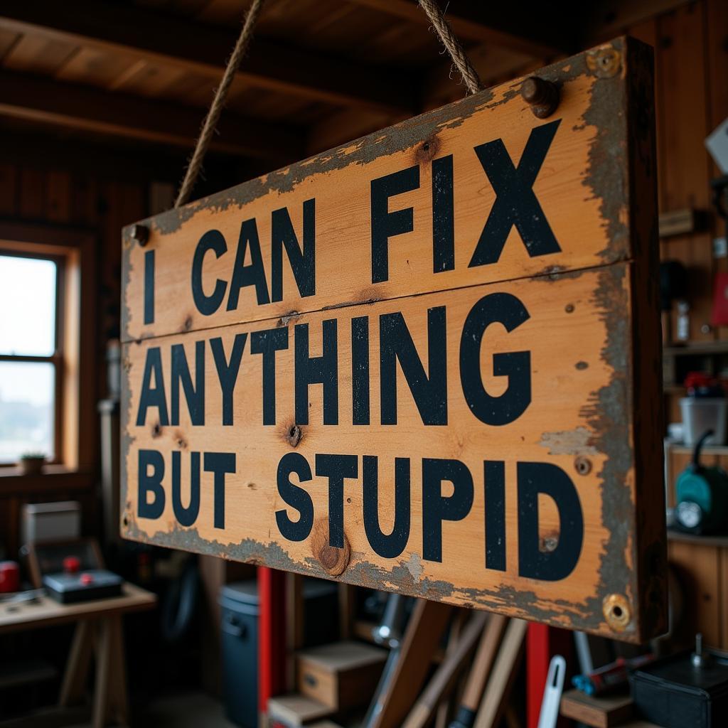 Humorous Sign in a Garage: "I Can Fix Anything But Stupid"