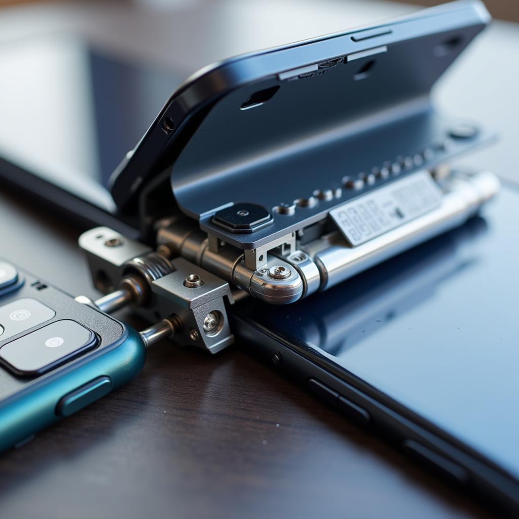 Close-up view of a foldable smartphone's hinge mechanism