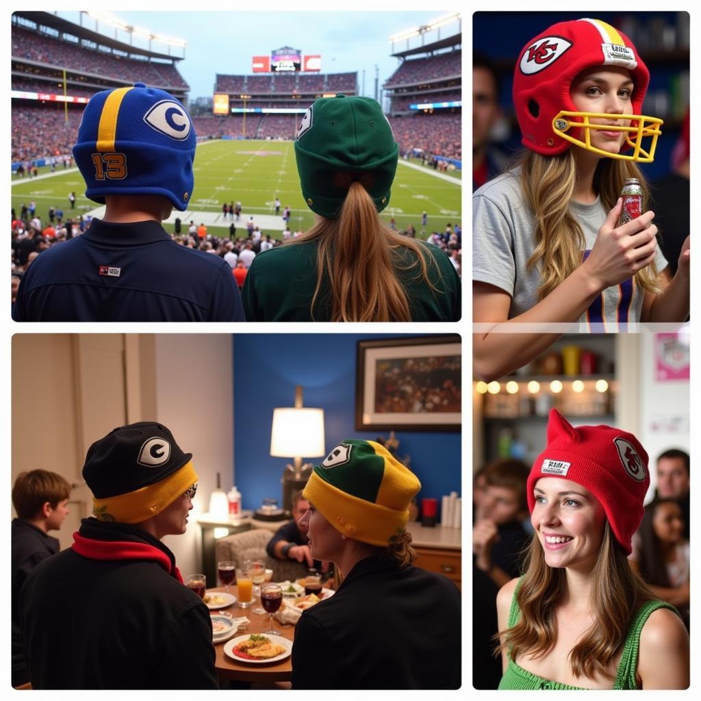 Fans Wearing Football Head Caps at Various Events