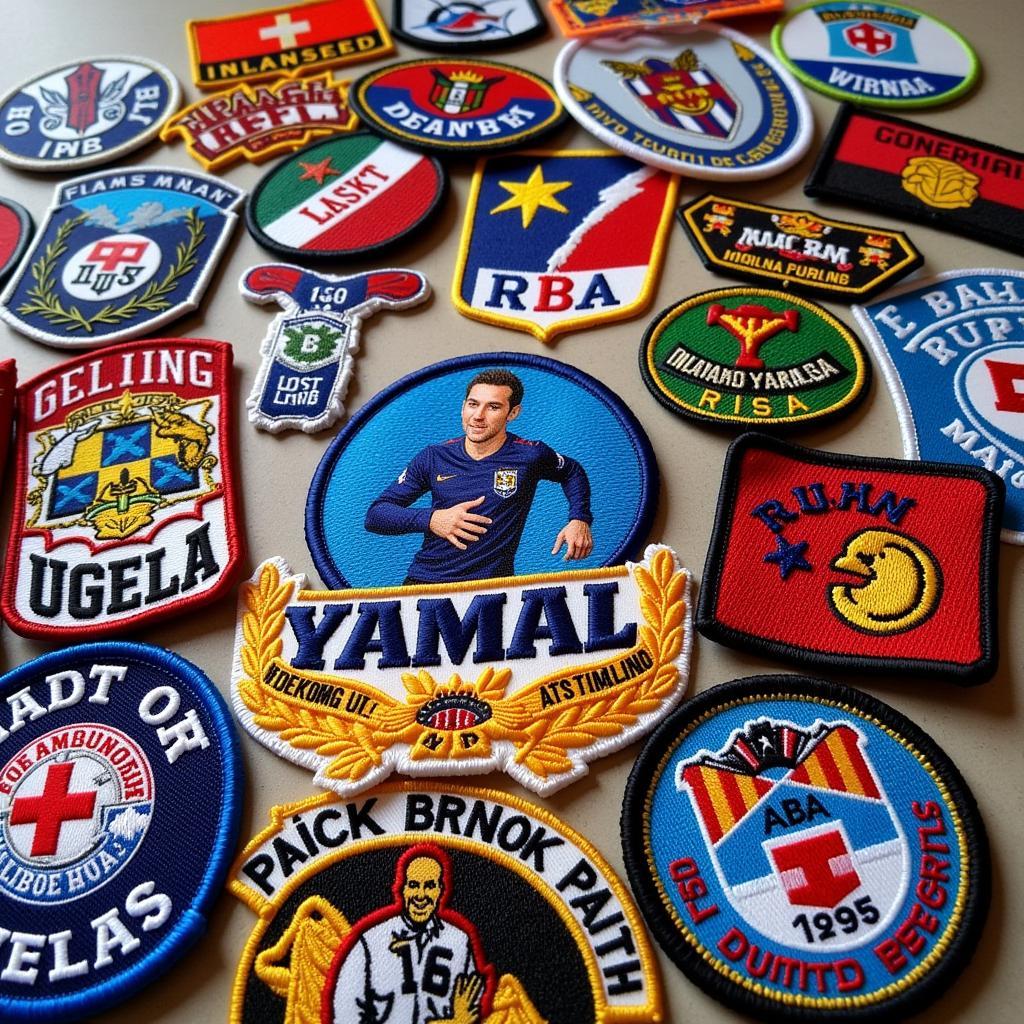 A collection of football patches, prominently featuring Yamal alongside other football icons.