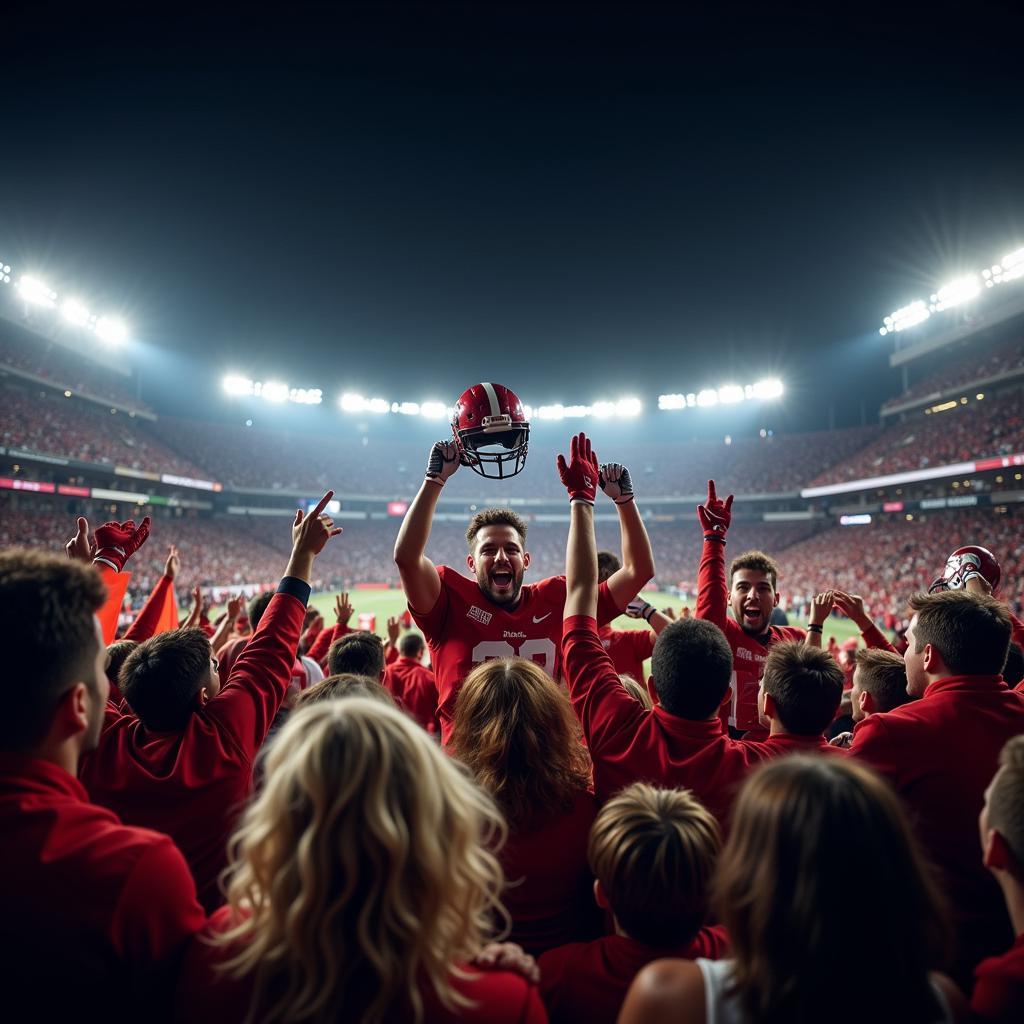 Football team celebrating victory with fans