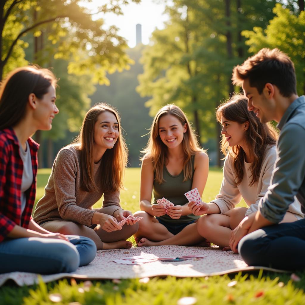 Friends enjoying a card game in a park