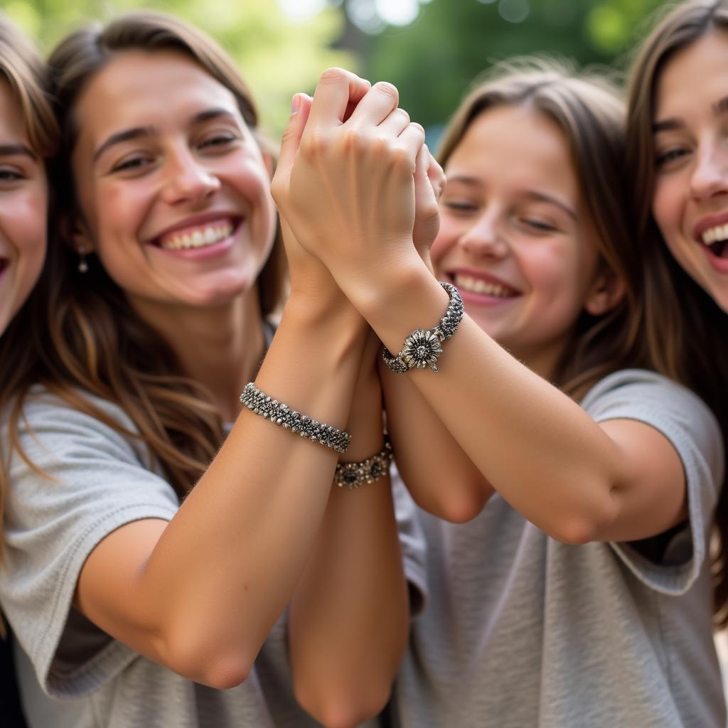 Friends showing off their matching friendship bracelets