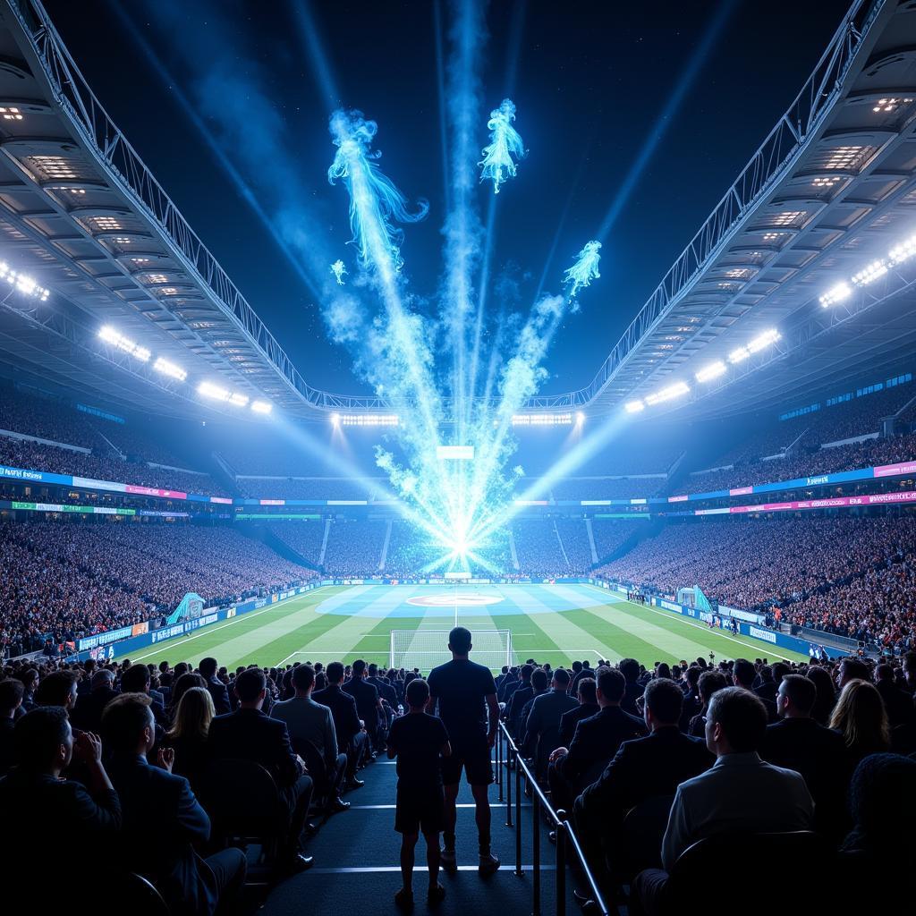 Future football stadium with immersive light show during player entrance