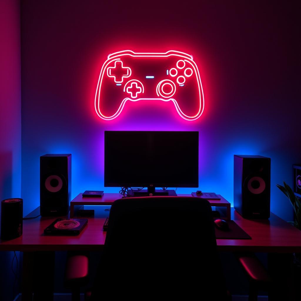 Game controller neon sign illuminating a gaming setup