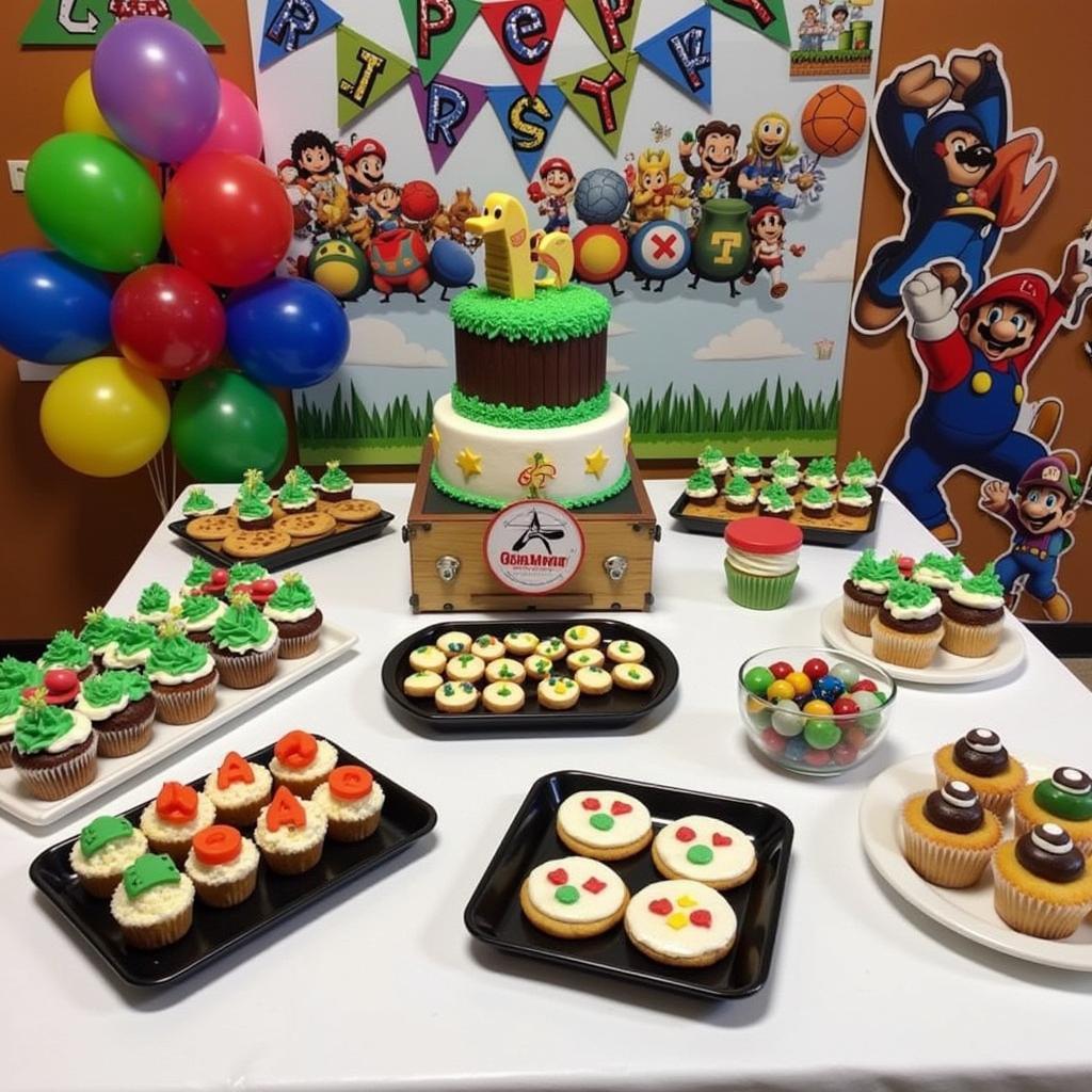 Game-themed food and decorations at a birthday party