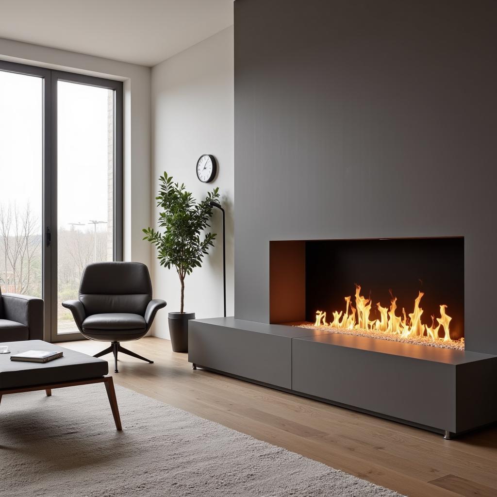 Modern living room with a gas fireplace providing warm light