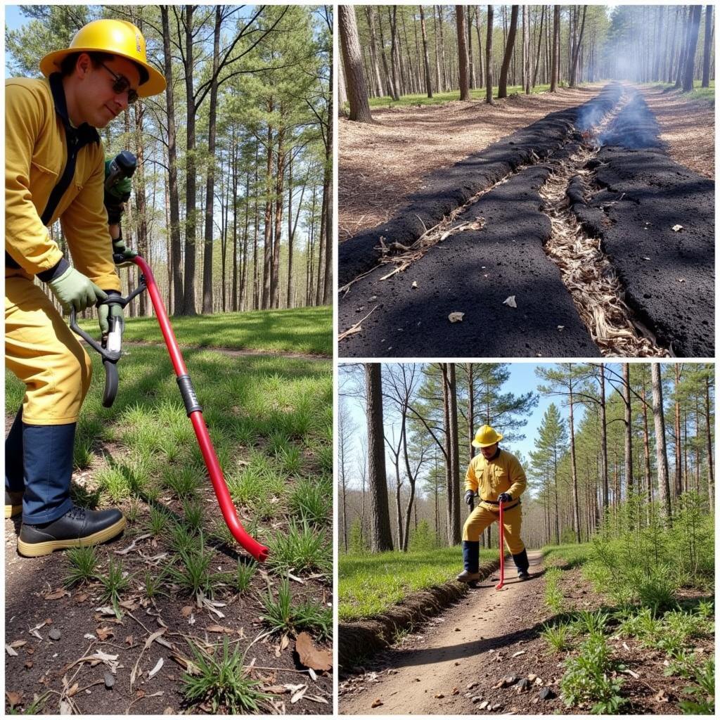 Various applications of the Georgia hook fire tool in wildfire management and land clearing.