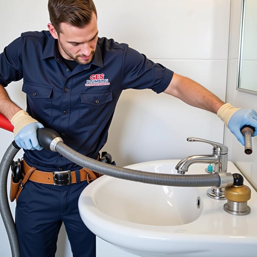 GES Plumbing technician cleaning a clogged drain