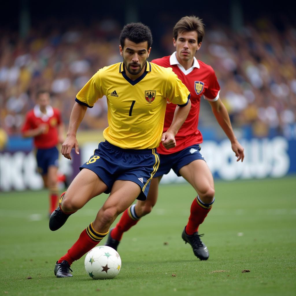 Gheorghe Hagi skillfully dribbles past defenders during a World Cup match, showcasing his exceptional ball control and agility.