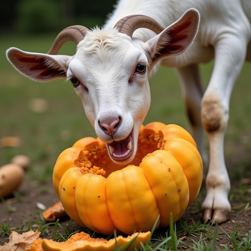 Goat Eating Ripe Squash