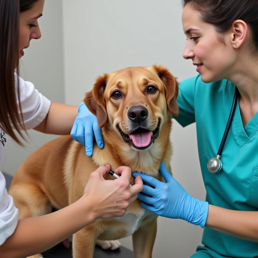 Veterinarian administering a vaccine to a dog at Grace Veterinary Clinic in White Hall, AR