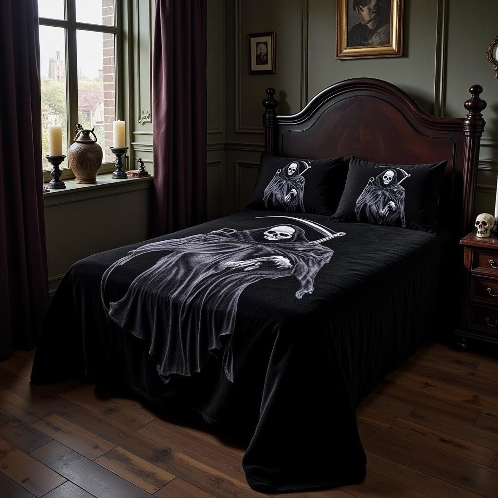 Grim Reaper Blanket in a Gothic Bedroom Setting