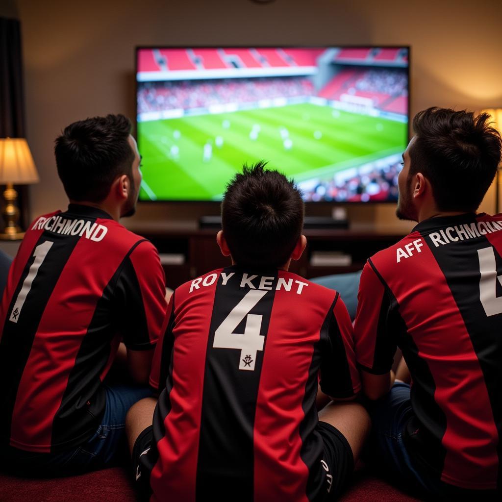 A group of friends wearing AFC Richmond jerseys, including a Kent jersey, watching a game together.