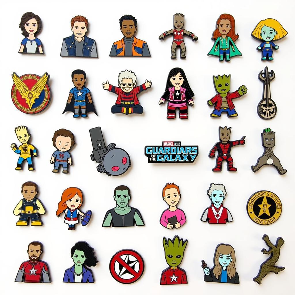 Guardians of the Galaxy Enamel Pin Collection Displaying Various Characters and Symbols