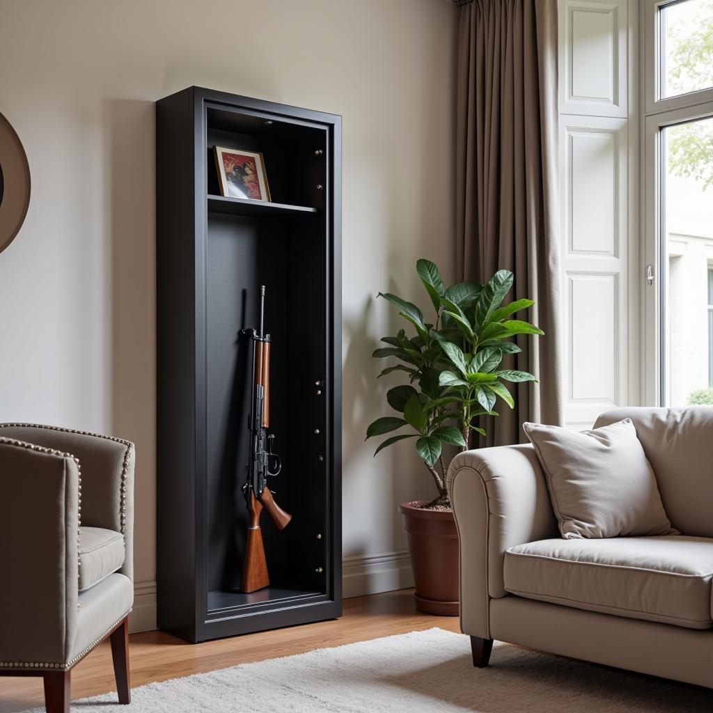 Gun safe cloak seamlessly integrated into a living room setting