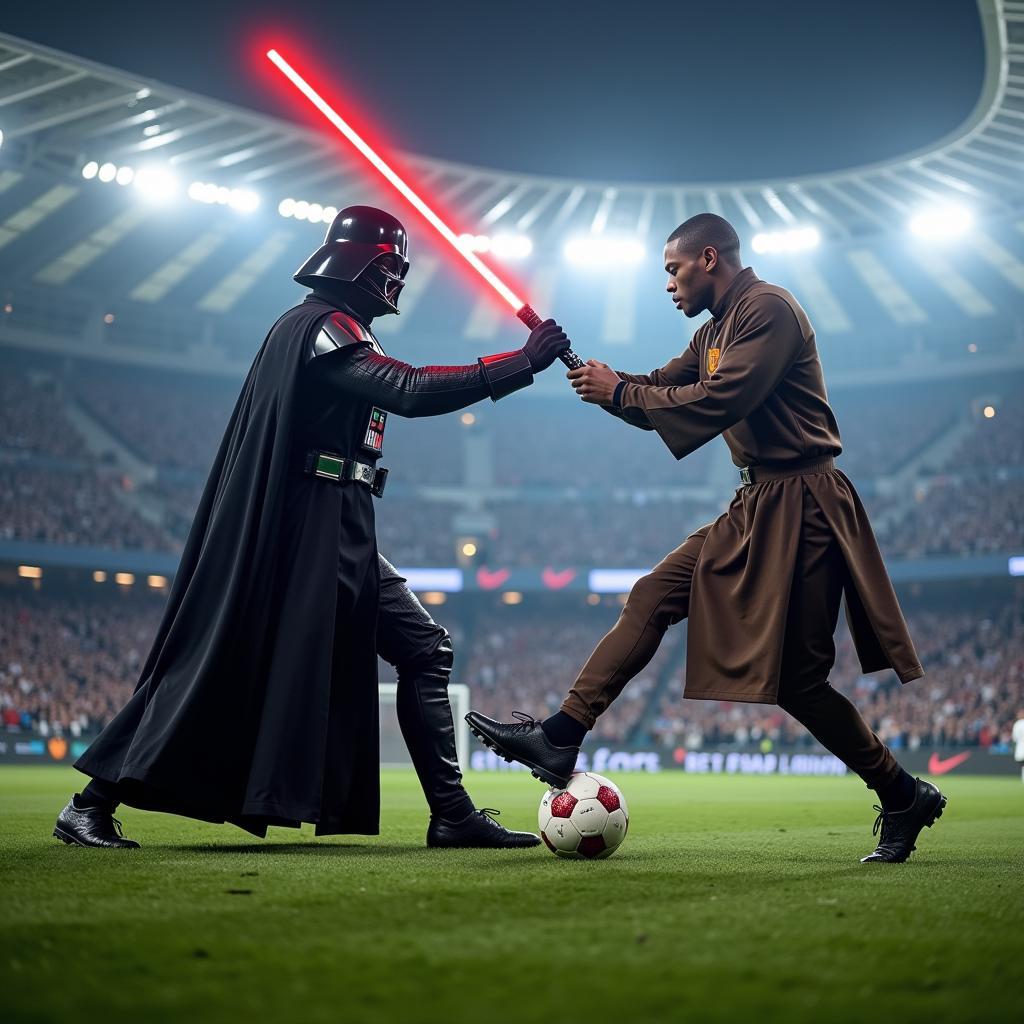 Haaland as Darth Vader and Mbappé as Obi-Wan Kenobi on the football pitch