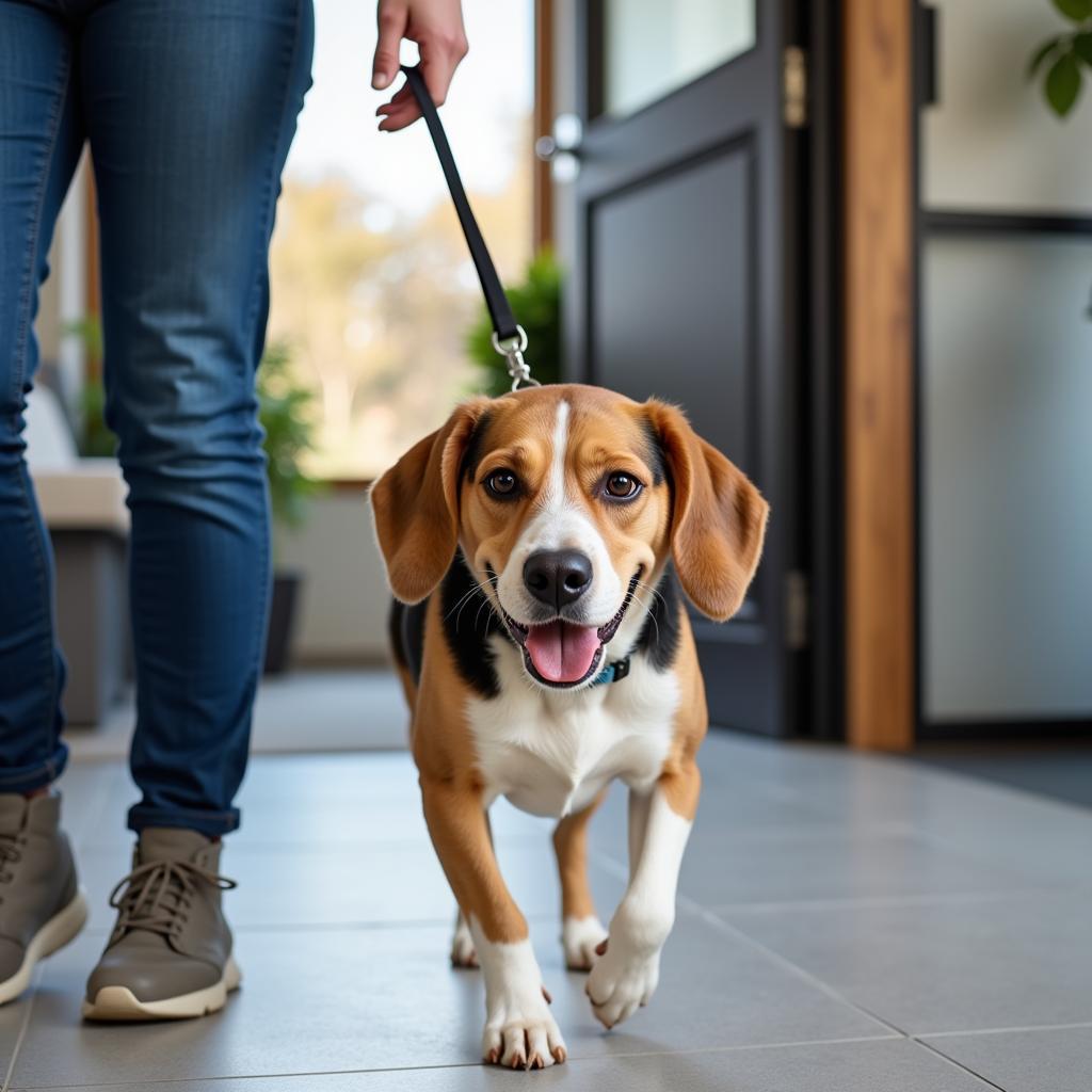 Happy and healthy dog leaving the veterinary clinic with its owner