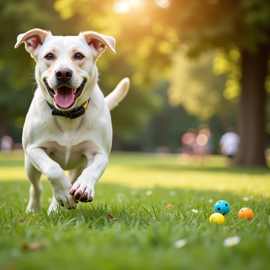 A healthy and happy dog playing in a park