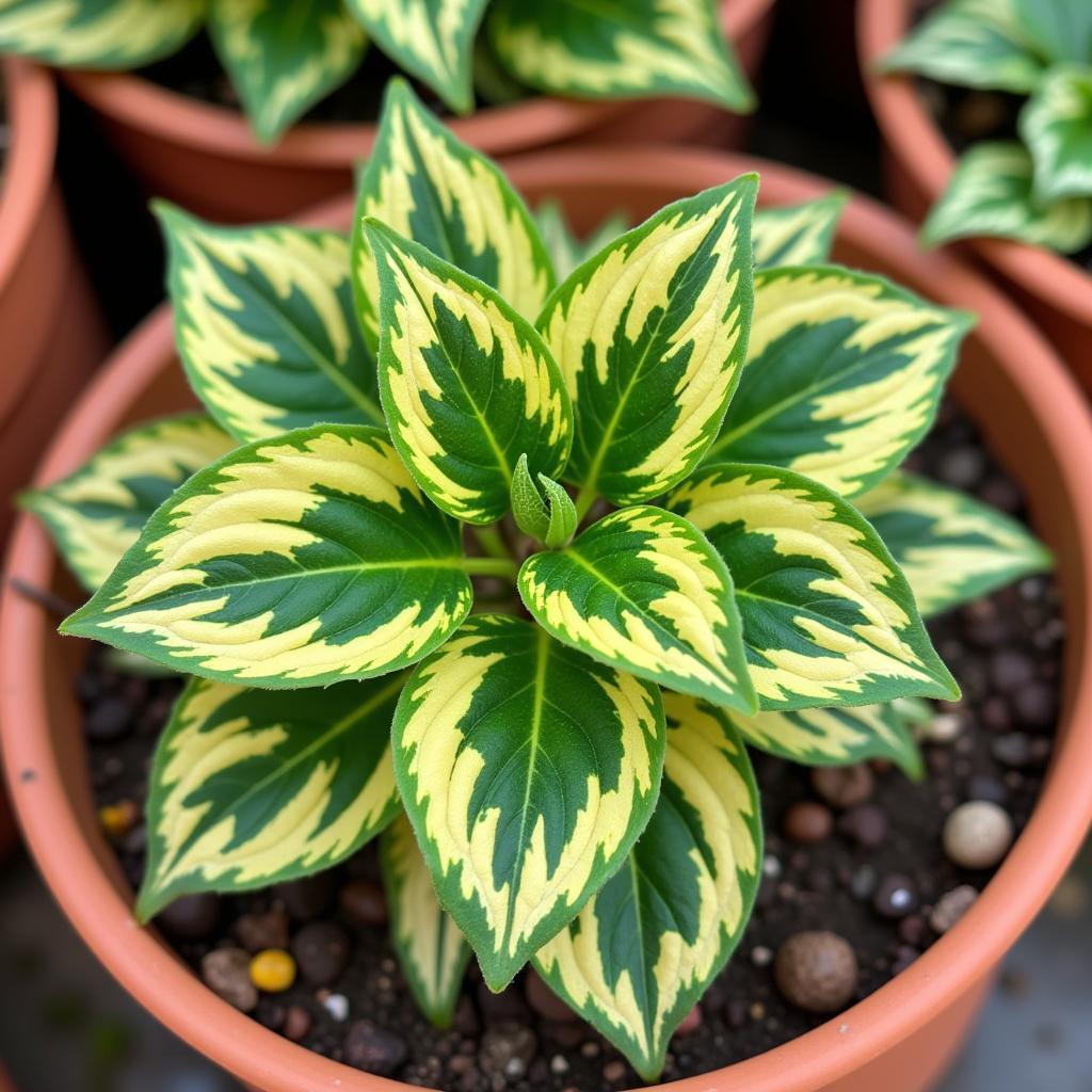 Healthy variegated plant in a pot