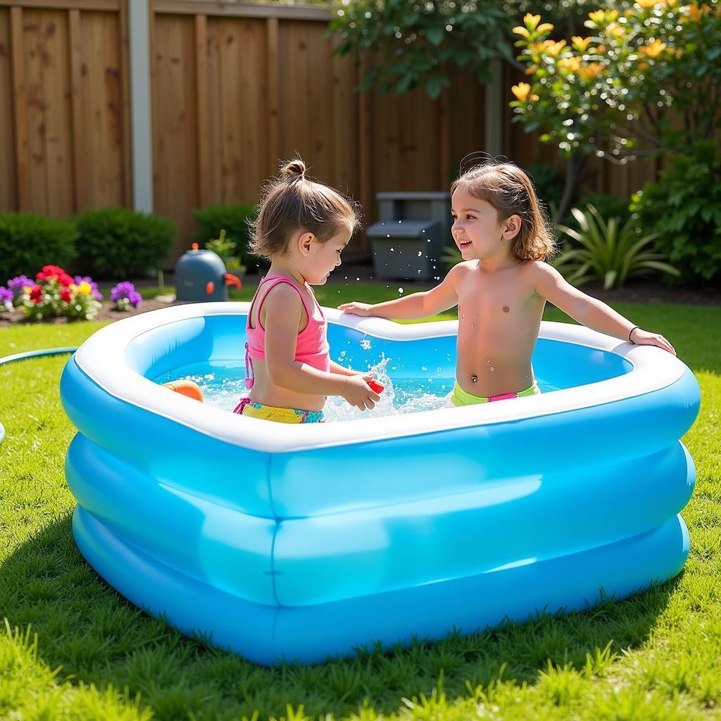 Children enjoying a heart-shaped kiddie pool in a backyard setting