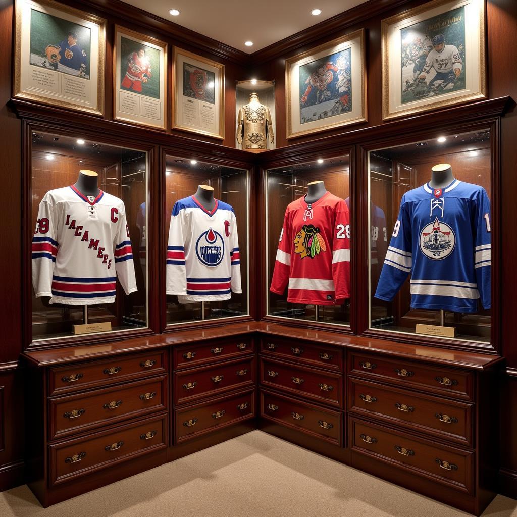 A collection of hockey jerseys neatly displayed in a dedicated room, showcasing a passion for the sport.