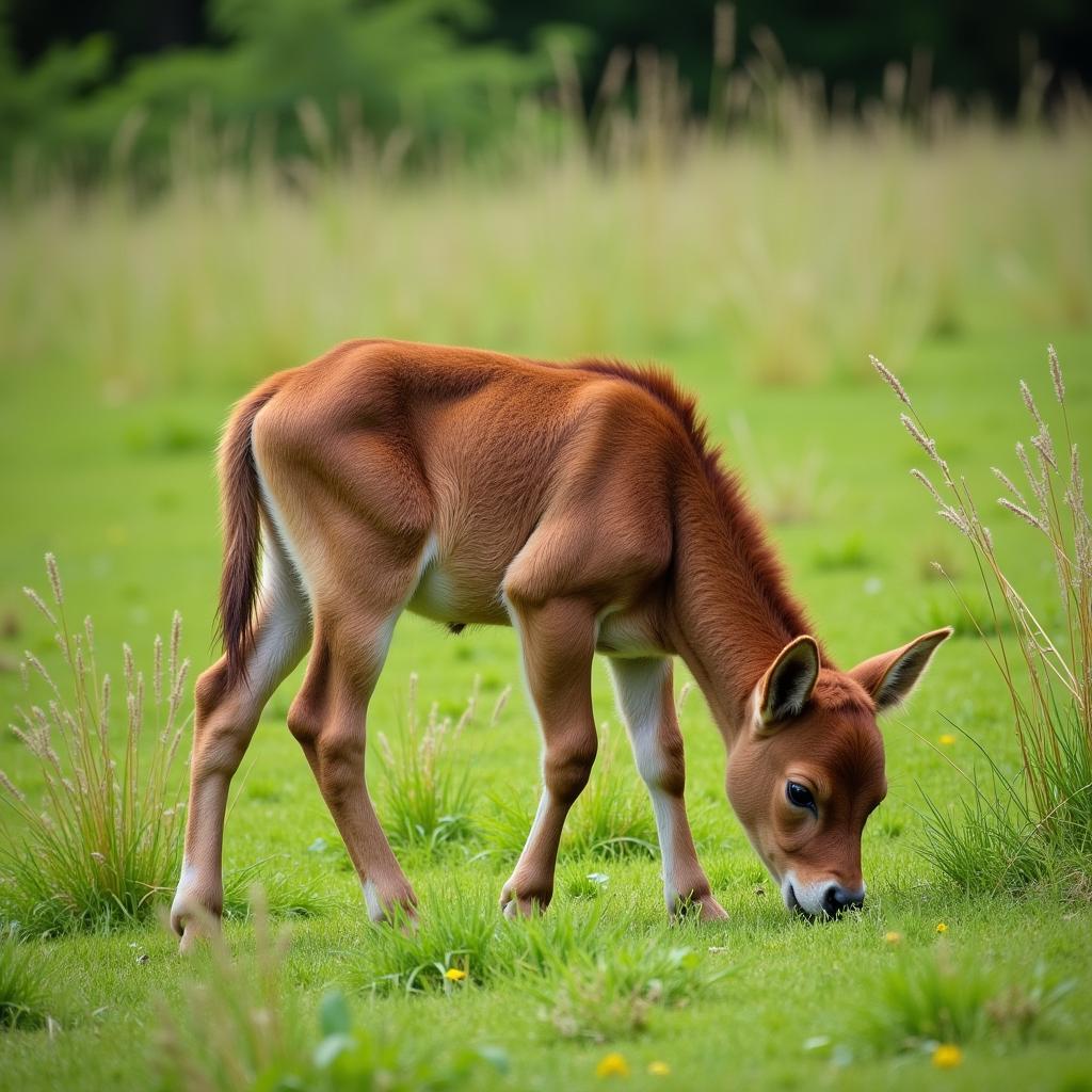 A young weanling grazing in a pasture