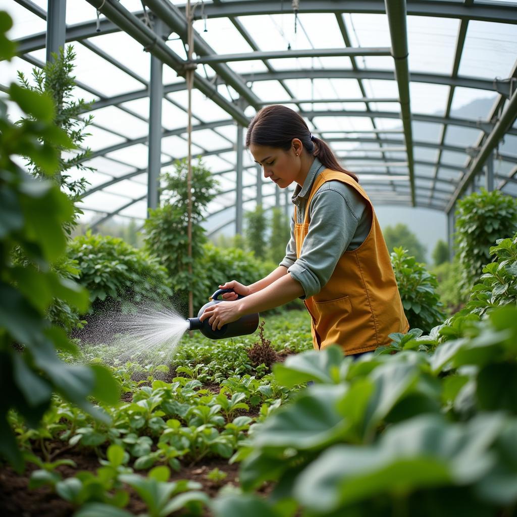 Horticultural Assistant Caring for Plants in Sky Nursery