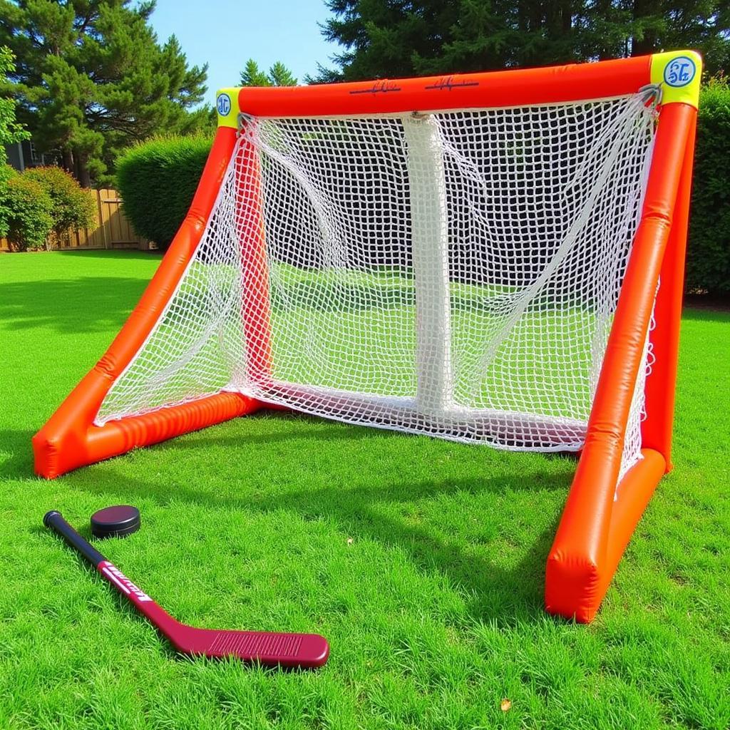 Inflatable hockey goal set up in a backyard for practice.