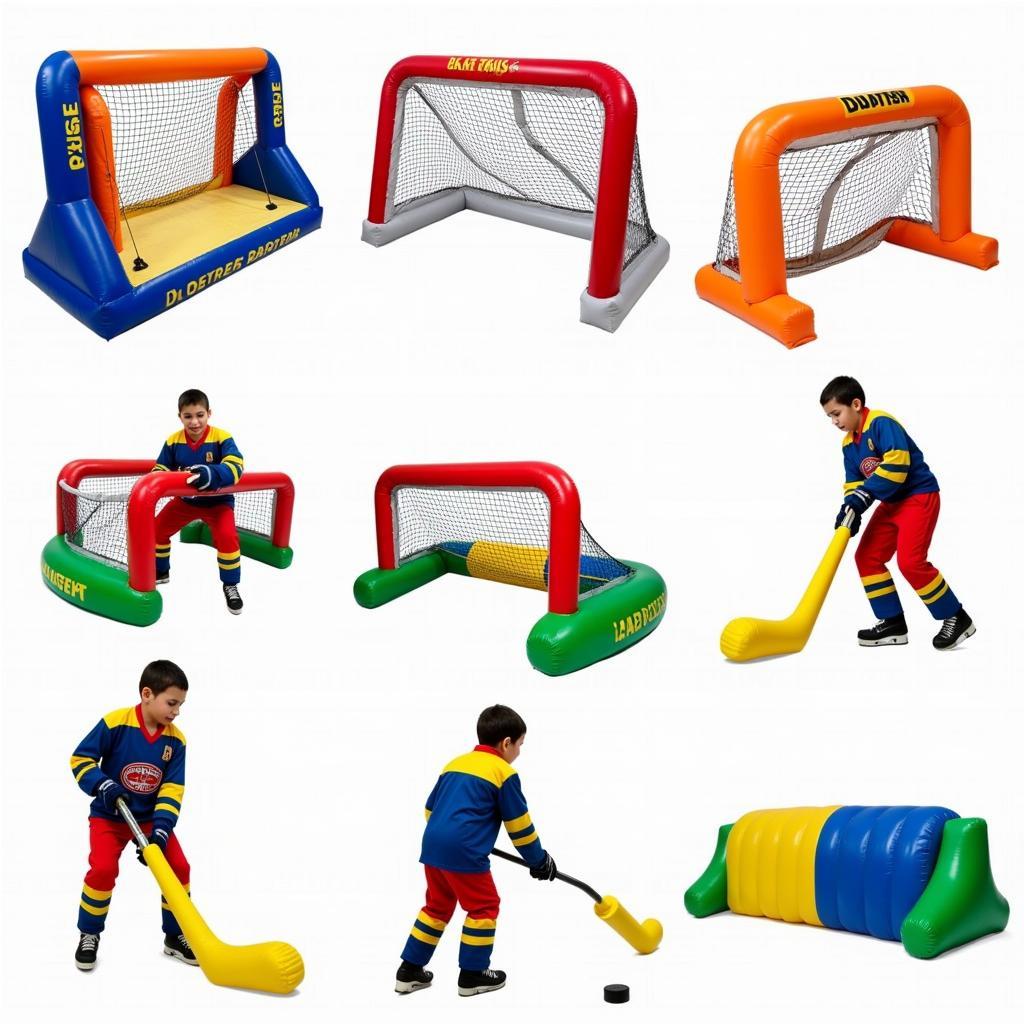 Various inflatable hockey training aids used for drills