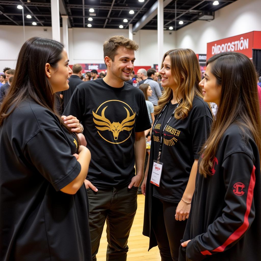 A group of fans at a convention, showcasing their Inquisition merchandise and interacting with each other.