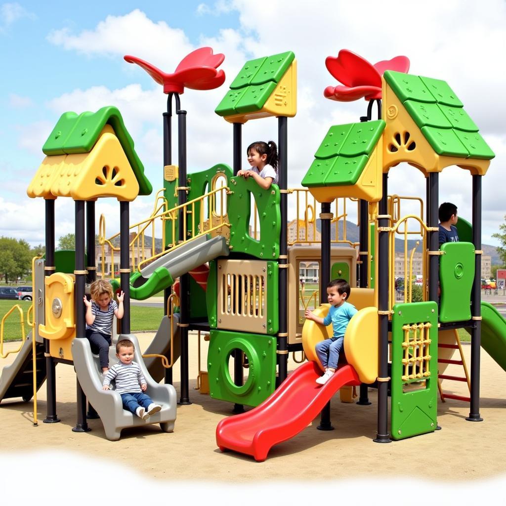 Children of different age groups playing together on an interactive playground