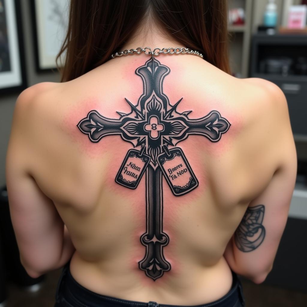 Intricate Cross and Dog Tag Tattoo on a Woman's Back