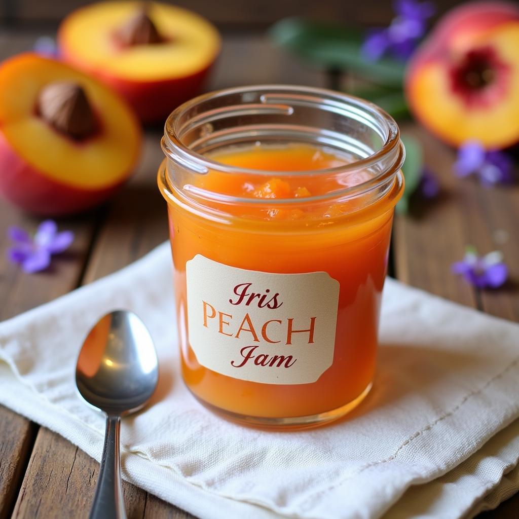 Close-up of an iris peach jam jar