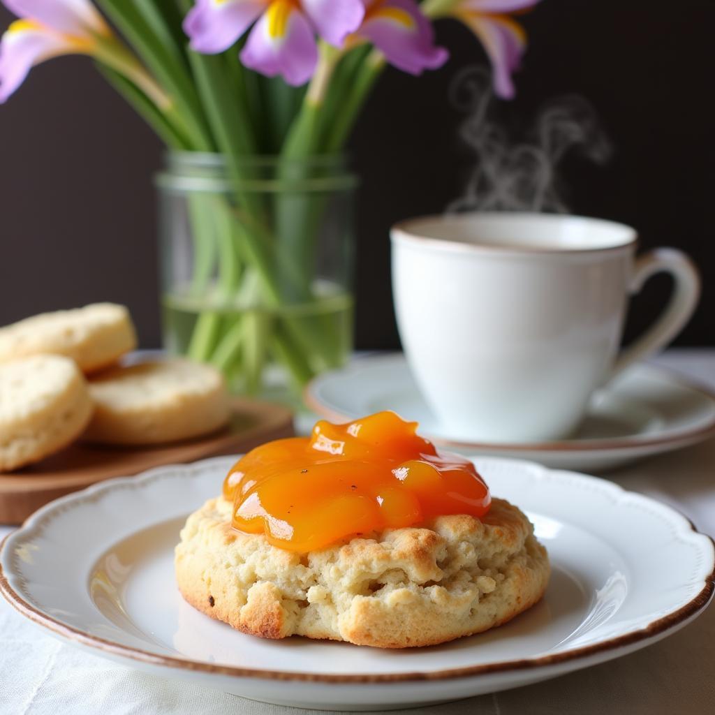 Enjoying iris peach jam on a scone