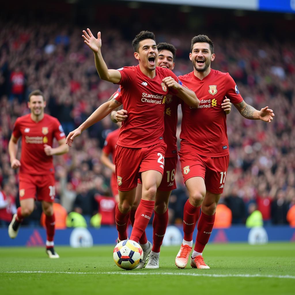 James Demonte celebrating a goal with his teammates, showcasing his team spirit.