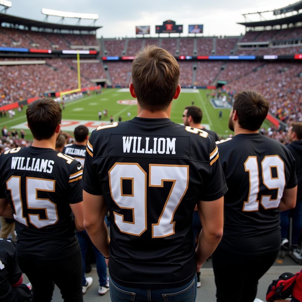 Fans wearing Jameson Williams black jerseys at a game