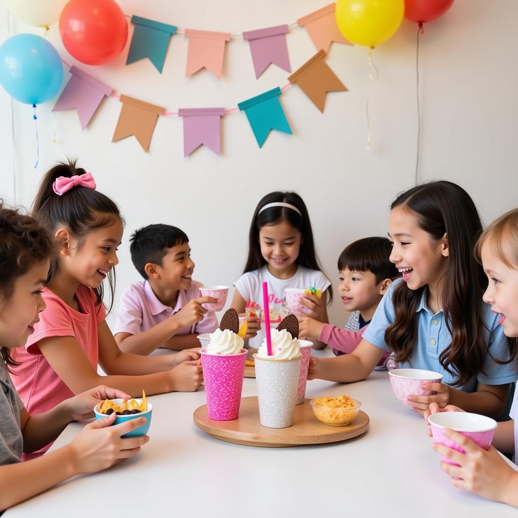 Children enjoying an ice cream themed party with pretend play sets and real treats.