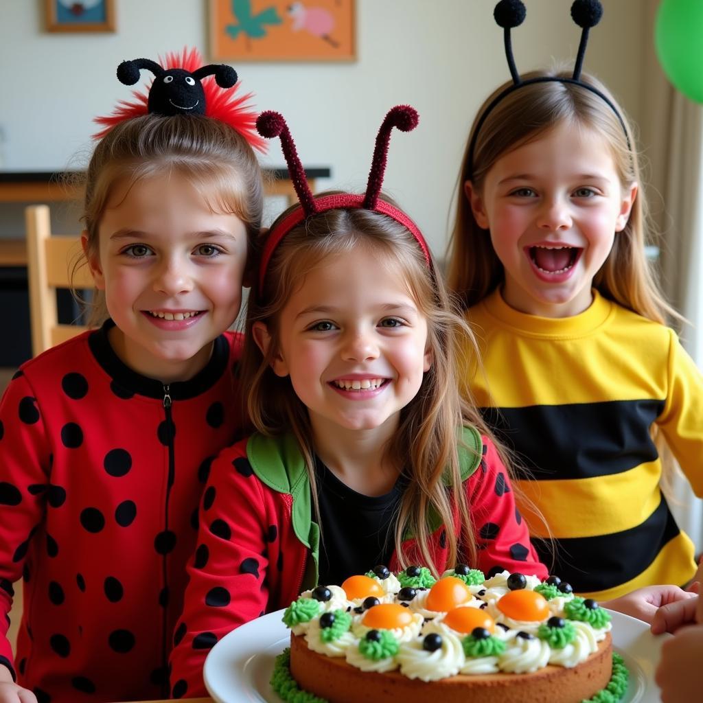 Kids dressed up in bug costumes at a bug birthday party.