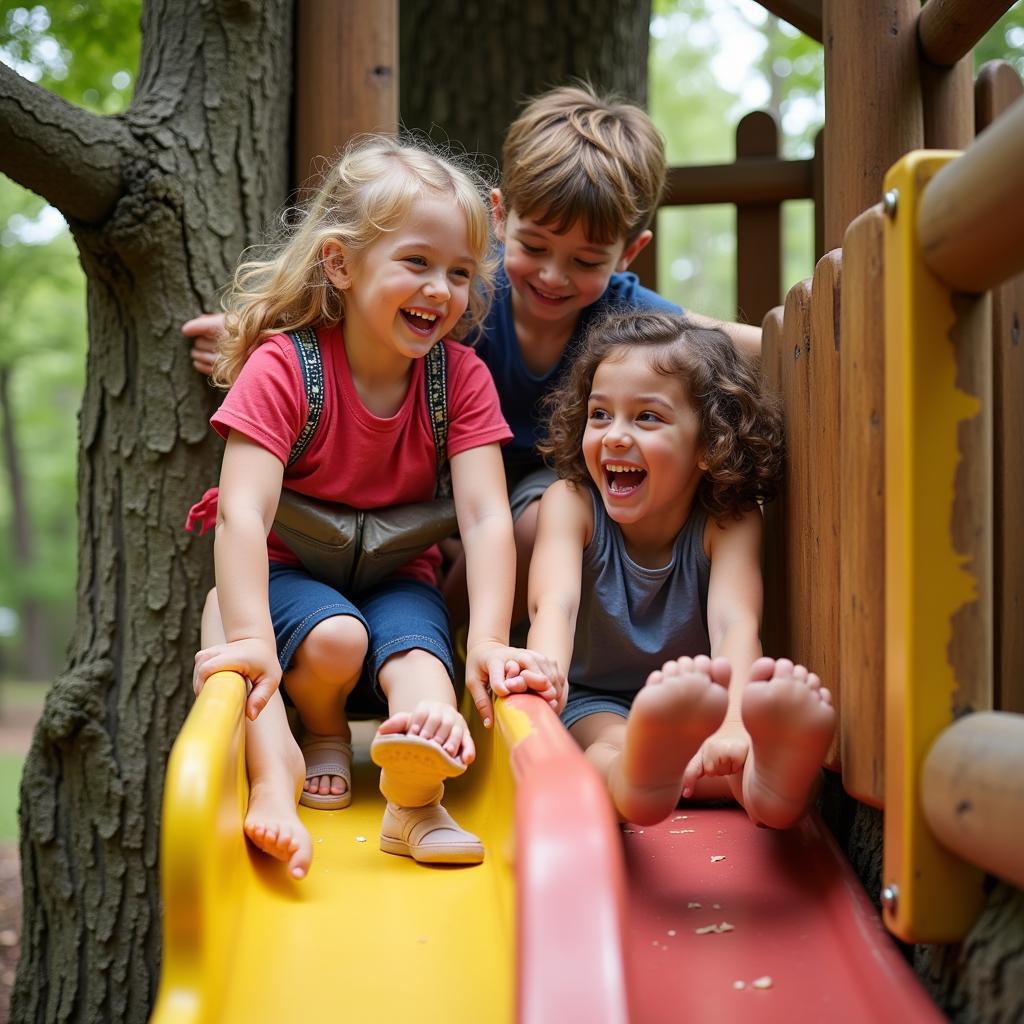 Children Playing on a Treehouse Slide