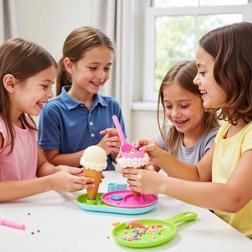 Kids enjoying an ice cream play set, scooping pretend ice cream and adding toppings