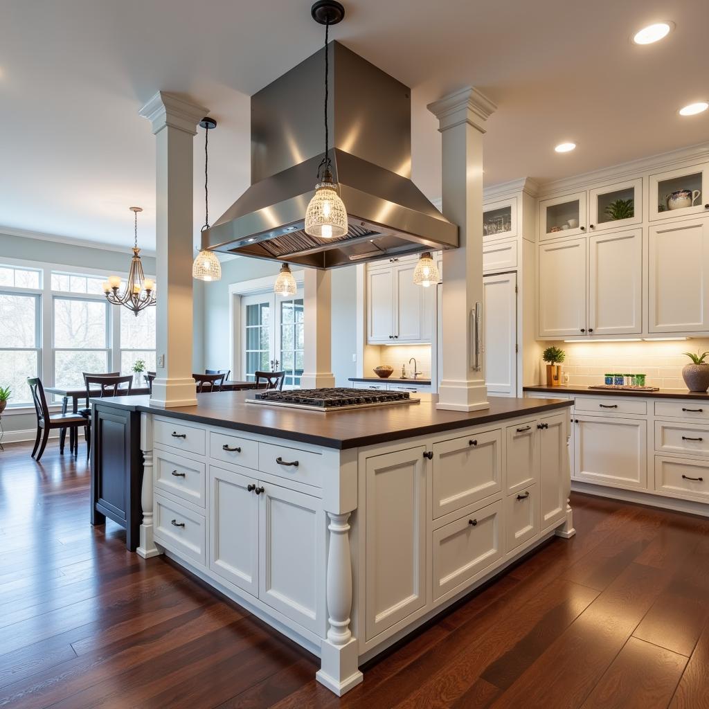 Kitchen island pillars supporting a range hood