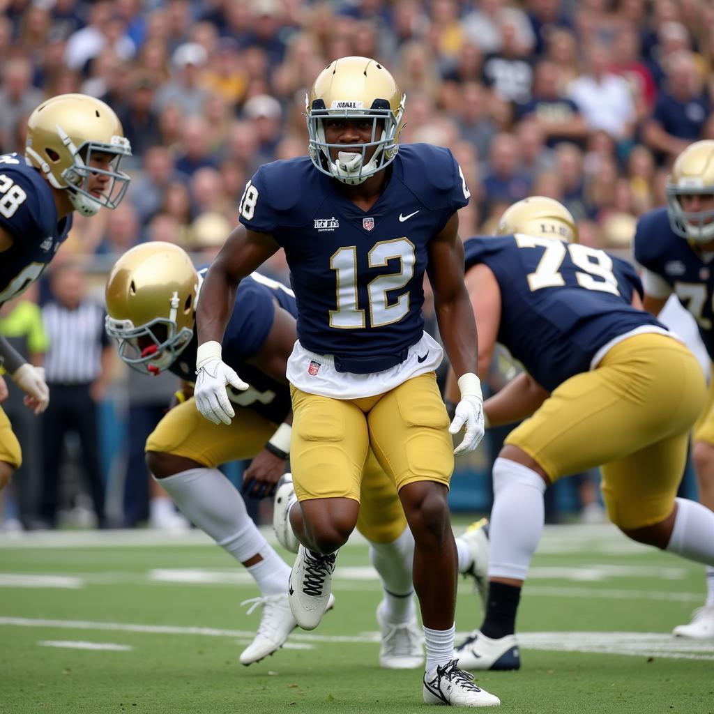 Kyren Williams wearing his Notre Dame jersey during a game, showcasing his dynamic running style.